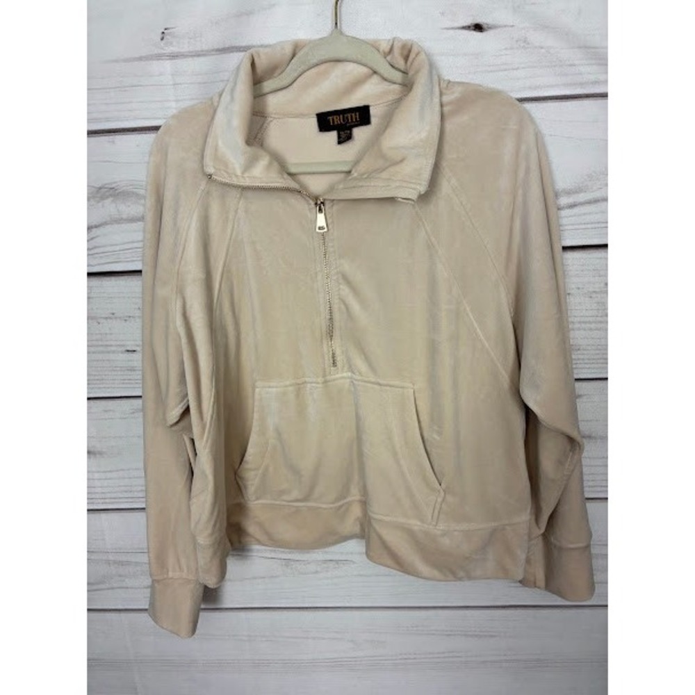 Truth by Republic Cream Velour Quarter Zip Pullover Sweatshirt Womens XL